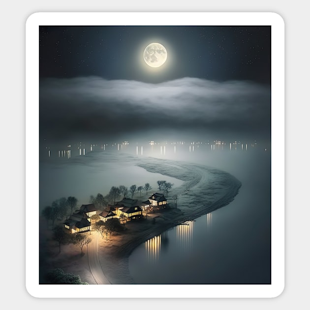 A view from sky of a full moon floating over clouds overlooking beach village Sticker by UmagineArts